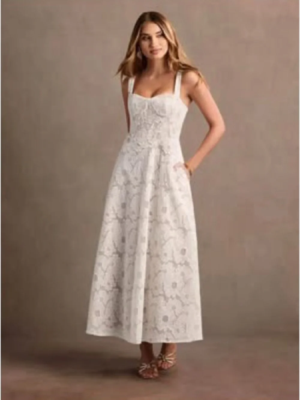 Azazie Lace A-Line Maxi Dress in Light Taupe